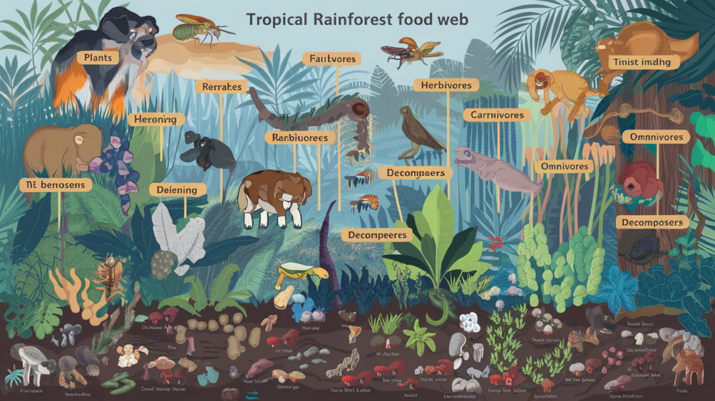 tropical rainforest food web with 20 organisms